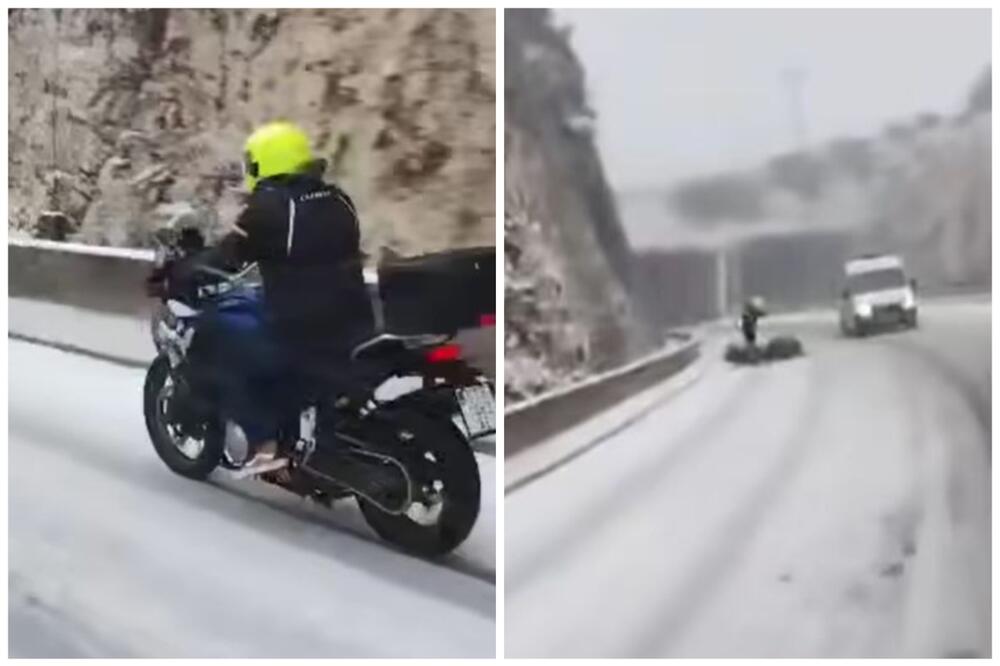 OVAKO SE GUBI GLAVA! Usred zimskog haosa juri na motoru, zamalo da IZGUBI GLAVU - "Godišnji skup ljubitelja LETNJIH GUMA?" (VIDEO)