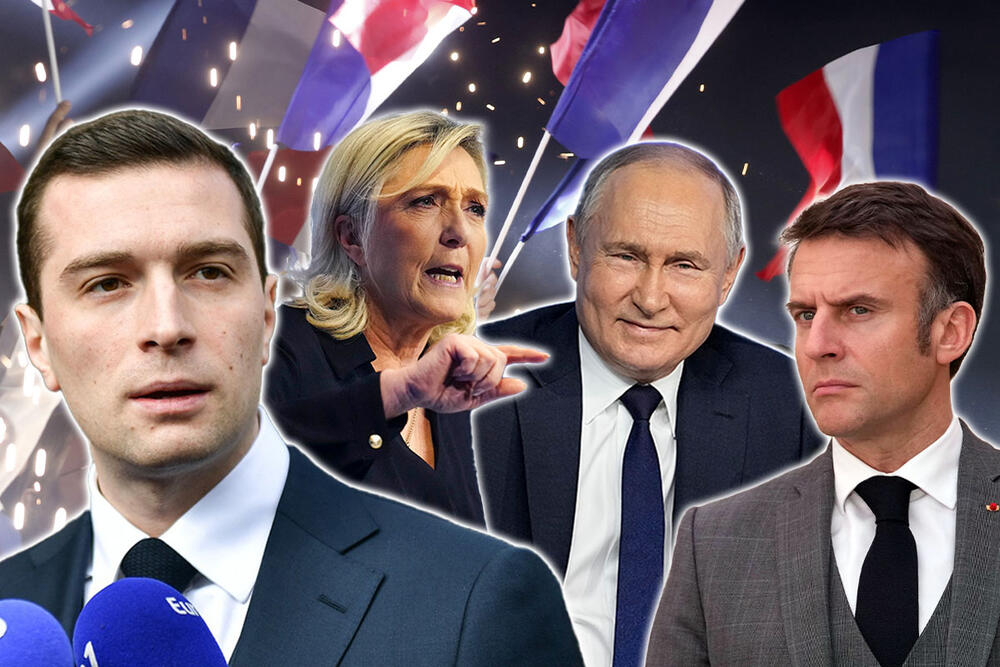 Žordan Bardela, Mari Le Pen, Marin Le Pen, Emanuel Makron, Vladimir Putin