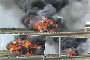 BUKTINJA NA AUTO-PUTU U BEOGRADU! Kamion se zapalio u vožnji! Zaustavljen saobraćaj, intervenisali vatrogasci (VIDEO)