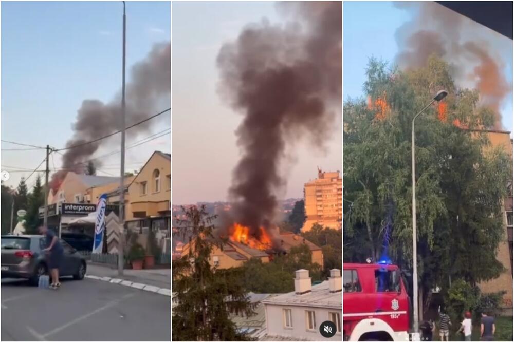 EKSPLODIRALA KLIMA?! Ogroman požar u Beogradu, vatra iz stana guta krov, 19 vatrogasaca pokušava da obuzda plamen (VIDEO)