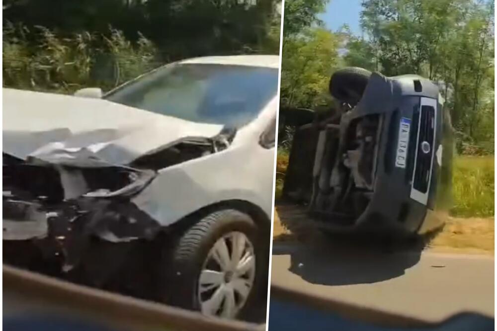 PRVI SNIMCI NESREĆE KOD ALIBUNARA, POVREĐENI ZATVORSKI ČUVARI I ROBIJAŠI: Auto se zakucao u njihov kombi (VIDEO)